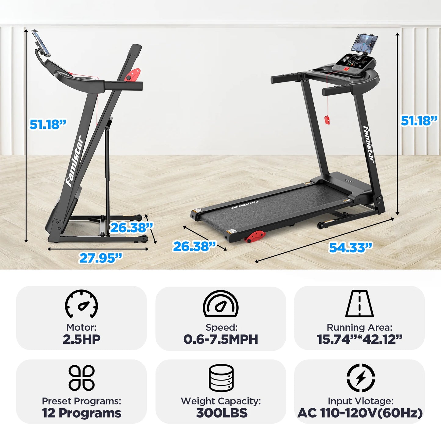 Treadmill 300 LB Capacity for Home with Incline, Folding Electric Running Walking Treadmill, Portable Treadmill for Home Use, 7.5 MPH, Smart Apps, 64+7 Programs, Bluetooth Speakers