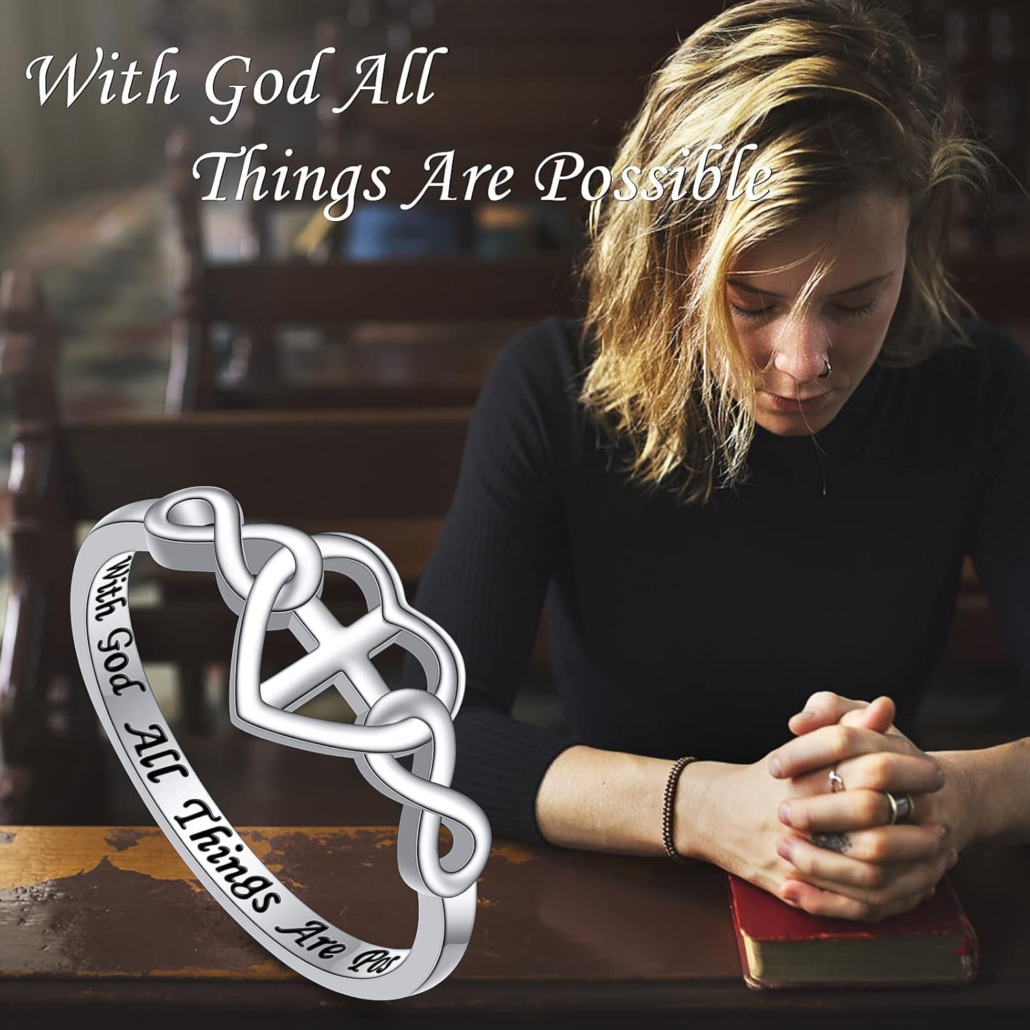 S925 Sterling Silver Christian Cross Heart Inspirational Faith Bible Verse Necklace & Rinags for Women Teen Jewelry