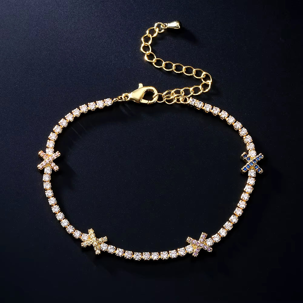 2Pcs Cross Design round Zircon CZ Tennis Bracelet for Women Simple White Gold Color Shiny Daily Stacked Bracelets