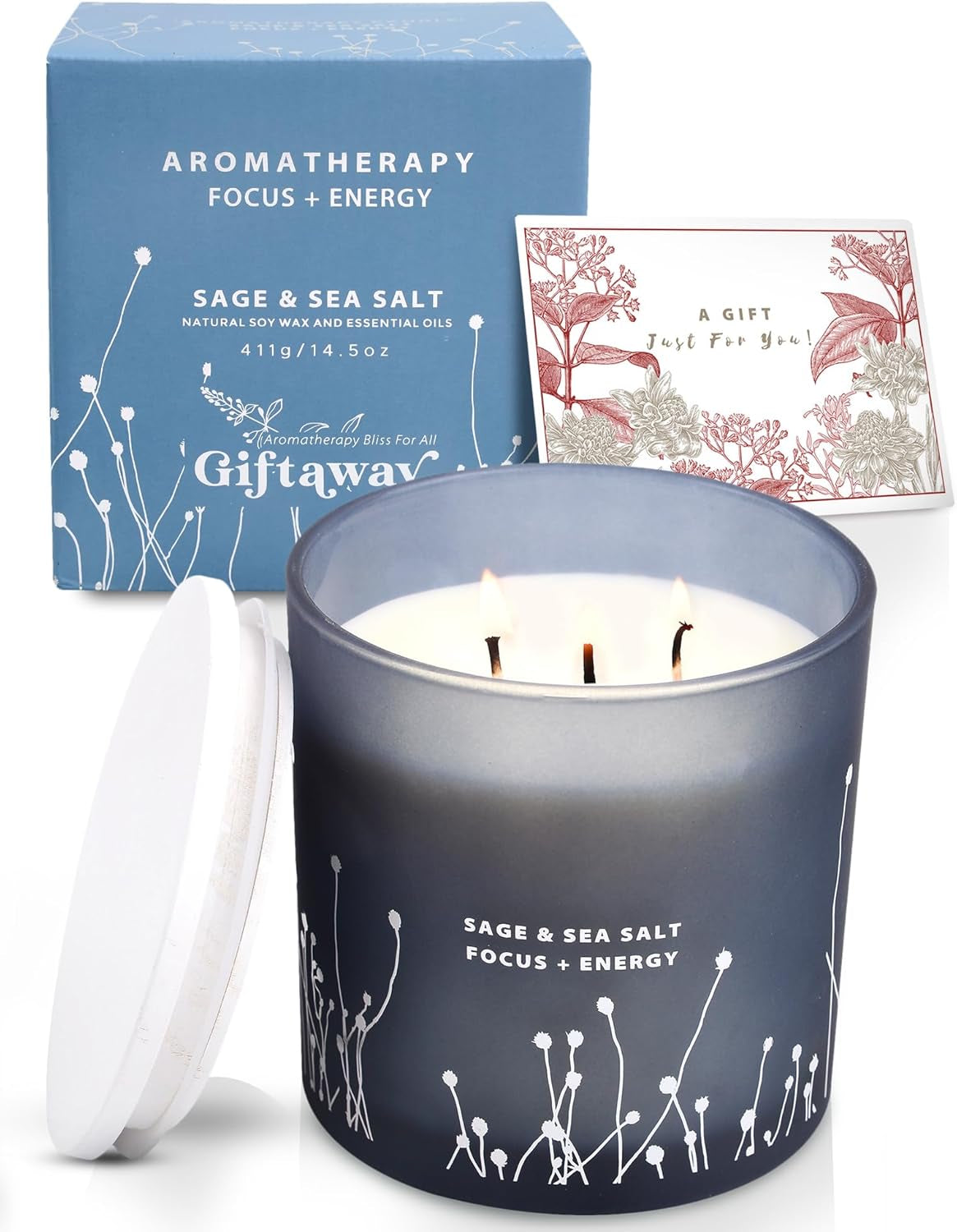 White Sage Sea Salt 3 Wick Candle - Large Soy Scented Candle 14.5 Oz - Sage Candle for Cleansing House - Aromatherapy Energy Cleansing Sage Scented Candles for Women & Men