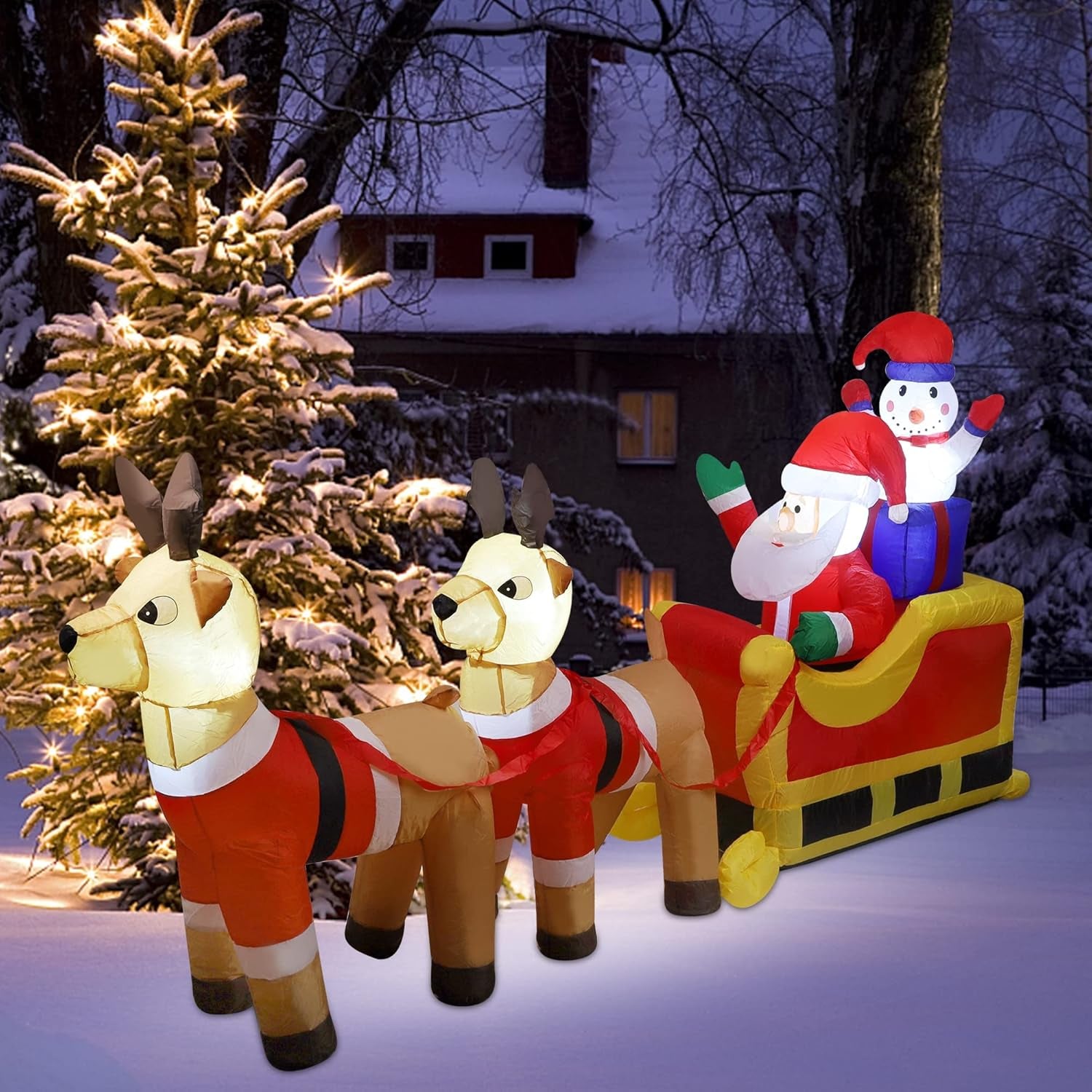 8Ft Inflatable Santa Claus & Snowman Sleigh with Reindeers for Holiday Decor