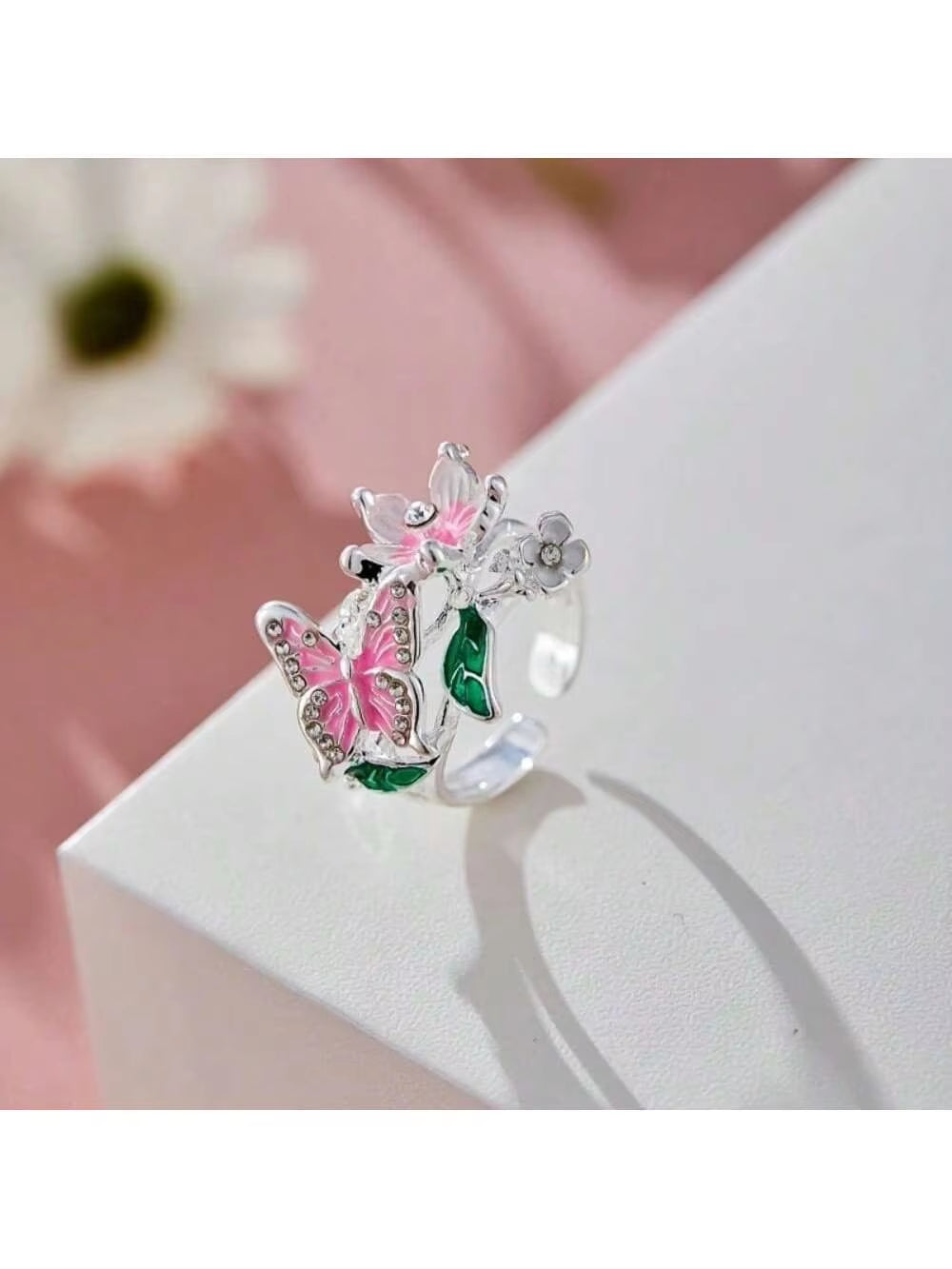 Vintage Oil Drip Ring - Butterfly & Flower Motif with Synthetic Gemstone Inlay, Adjustable Open Band for Daily Wear