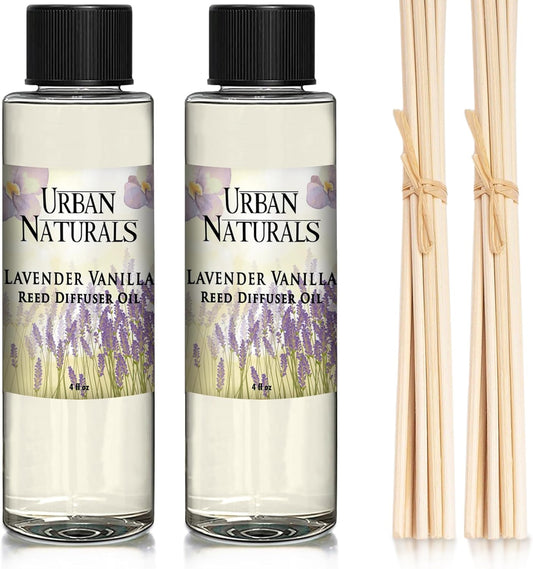 Lavender Vanilla Scented Oil Reed Diffuser Refill and Reed Sticks – Lavender Blossom, Creamy Vanilla, White Woods and Sugared Musk, 4 Oz (2 Pack)