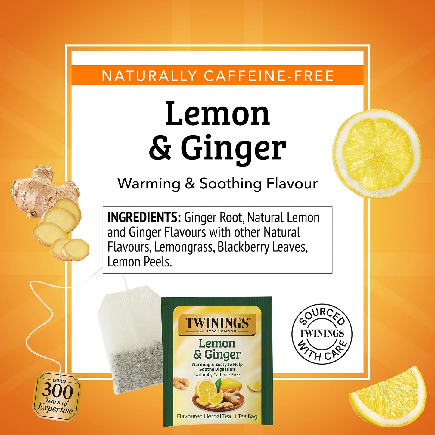 Lemon & Ginger Herbal Tea Bags, Caffeine Free, 50 Count Box