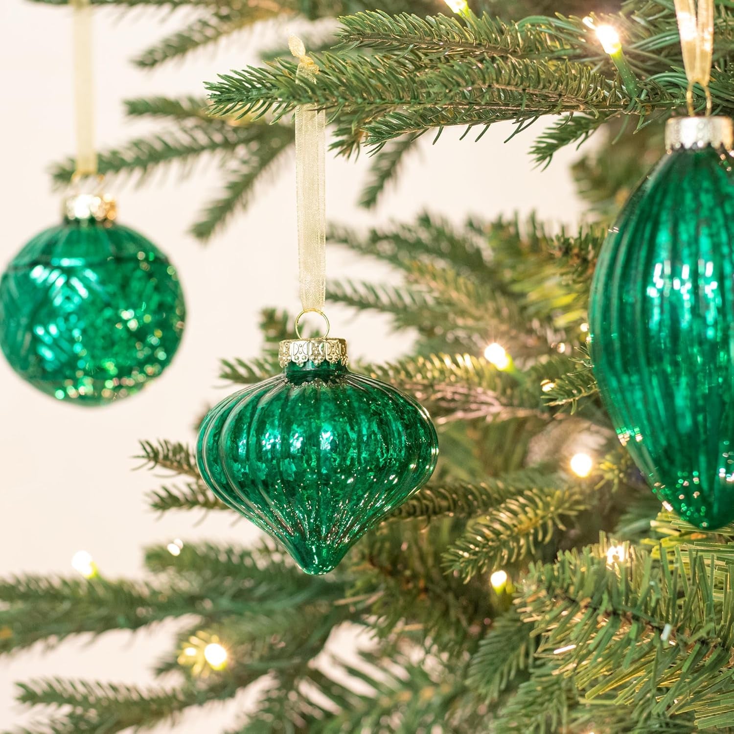 Set of 8 Green Mercury Glass Christmas Ornaments for Holiday Decor