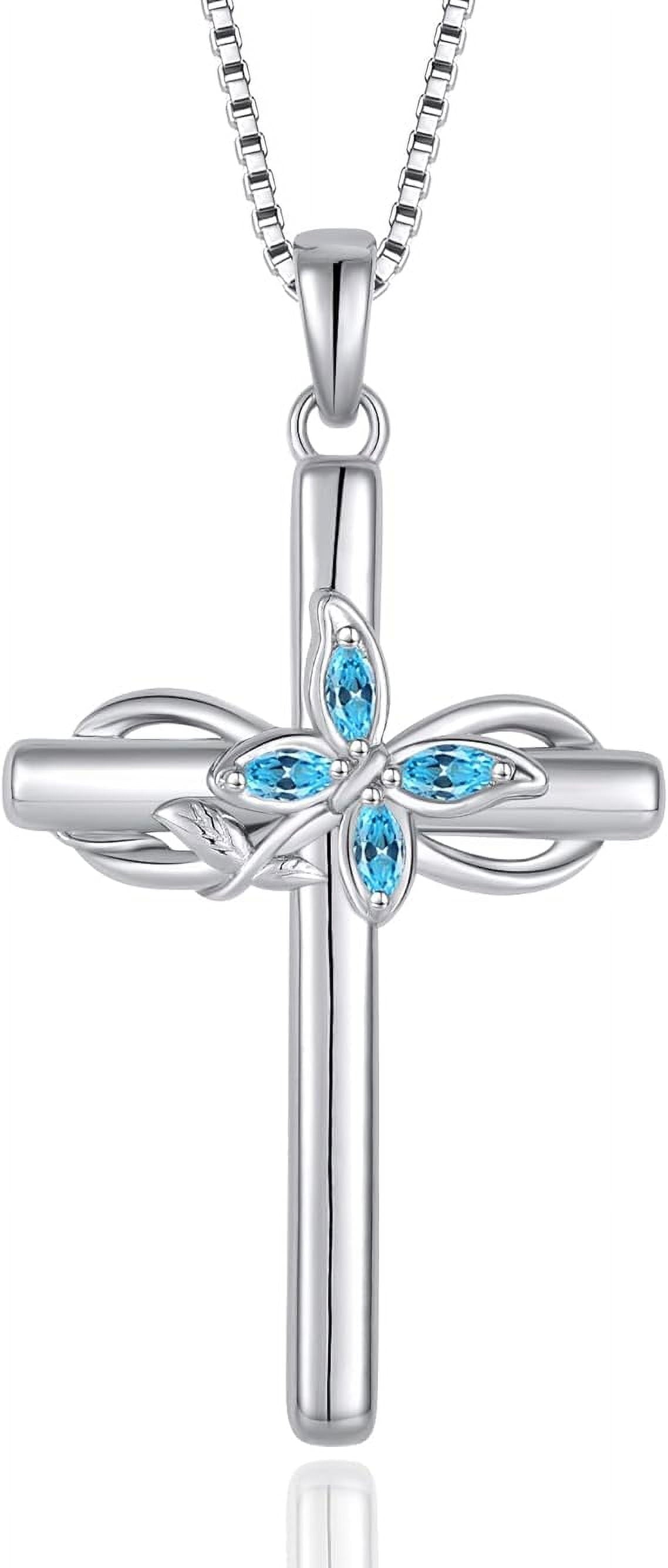 Cross Necklace for Women 925 Sterling Silver Infinity Butterfly Aquamarine Necklace March Birthstone Jewelry Gifts for Women Her Mom Wife Girlfriend Daughter