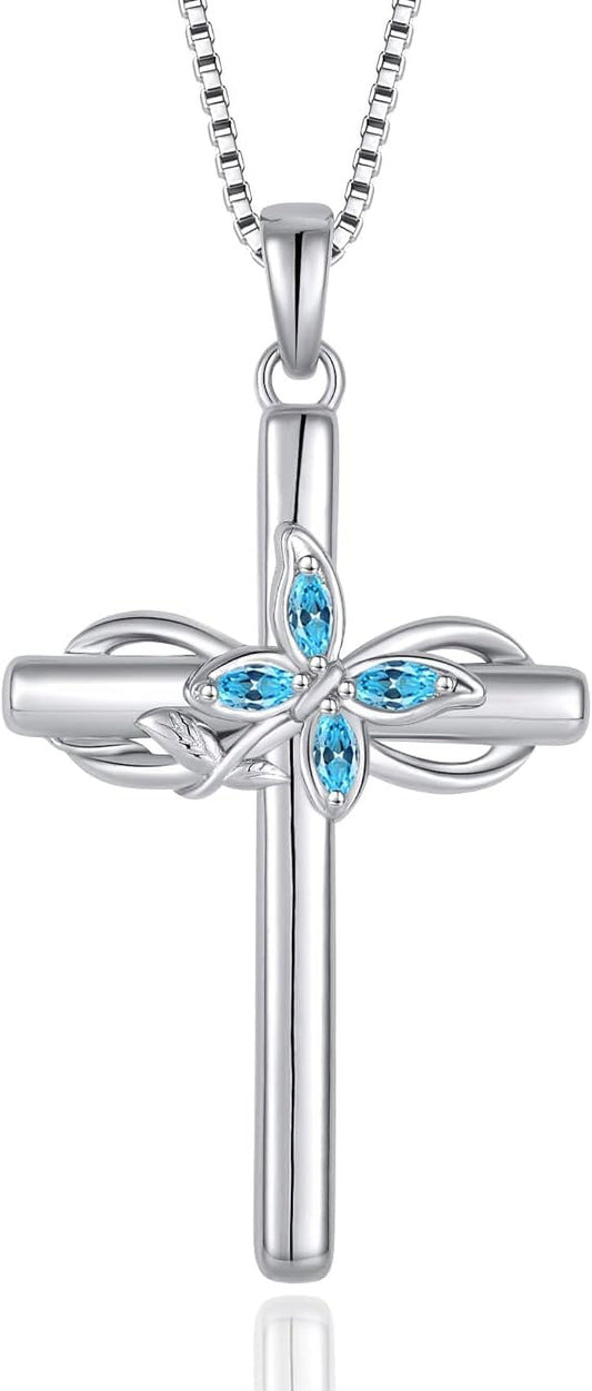 Cross Necklace for Women 925 Sterling Silver Infinity Butterfly Aquamarine Necklace March Birthstone Jewelry Gifts for Women Her Mom Wife Girlfriend Daughter