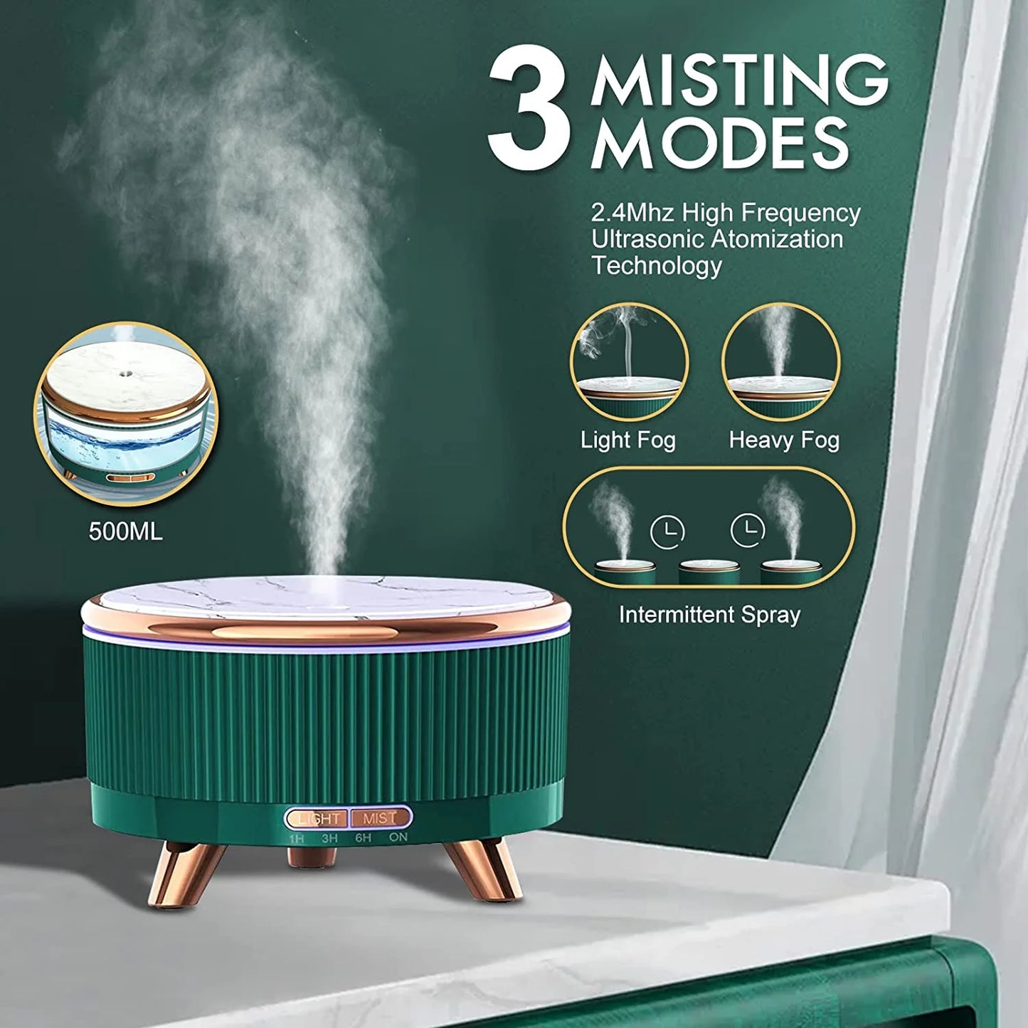 Diffusers for Essential Oils Large Room Humidifier, 500Ml Aromatherapy Diffuser Cool Mist Humidifier with Remote Control,7 Colors Lights & 3 Mist Mode Waterless Auto off for Women Office Home Green