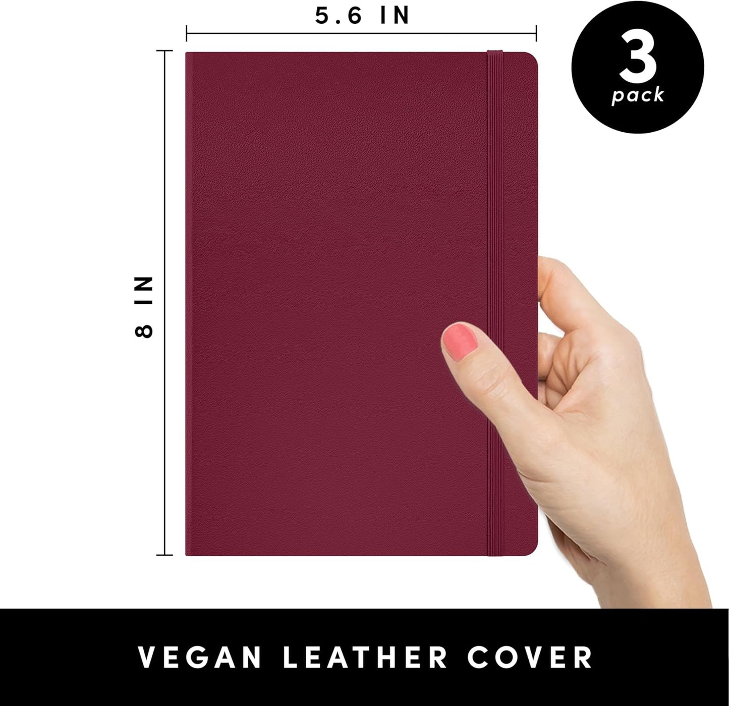 Lined Journal Notebook, 3 Pack, (Burgundy), 160 Pages, Medium 5.6 in X 8 in - 100 GSM Thick Paper – Hardcover Journaling Notebook for Work, School & Note Taking