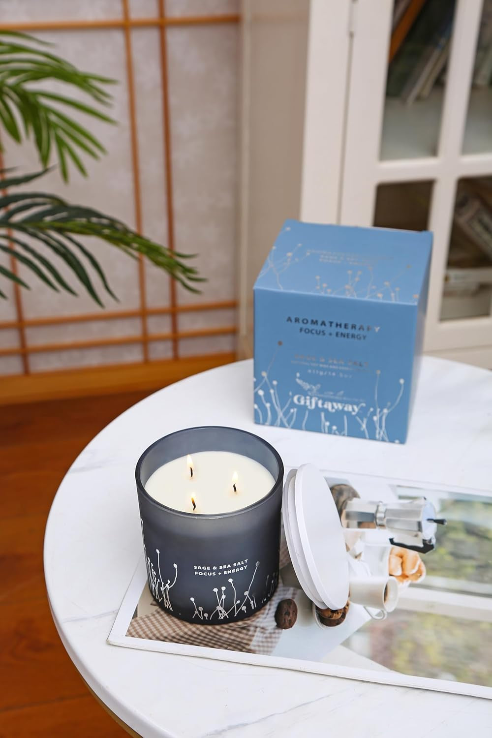 White Sage Sea Salt 3 Wick Candle - Large Soy Scented Candle 14.5 Oz - Sage Candle for Cleansing House - Aromatherapy Energy Cleansing Sage Scented Candles for Women & Men