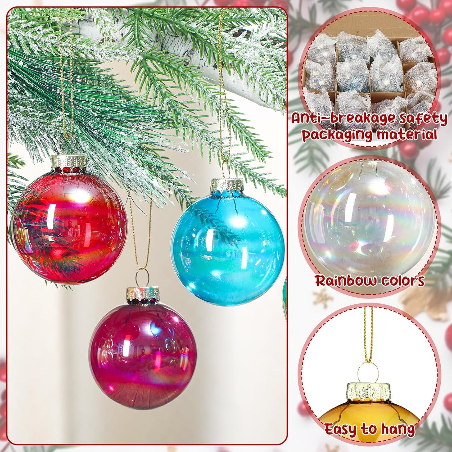 12 Pcs Iridescent Glass Christmas Ornaments 2.36 Inch for Holiday Decor