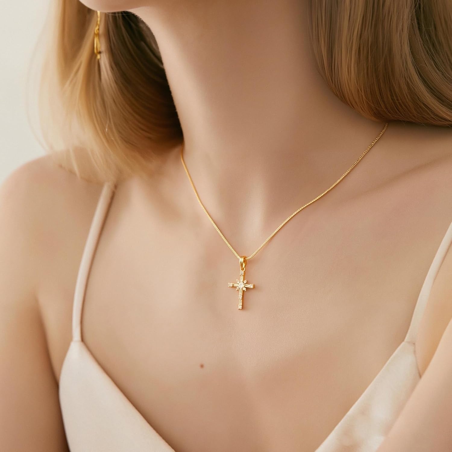 Cross Necklace for Women, 14K Gold Silver Plated Pendant Necklace, Diamond Cross