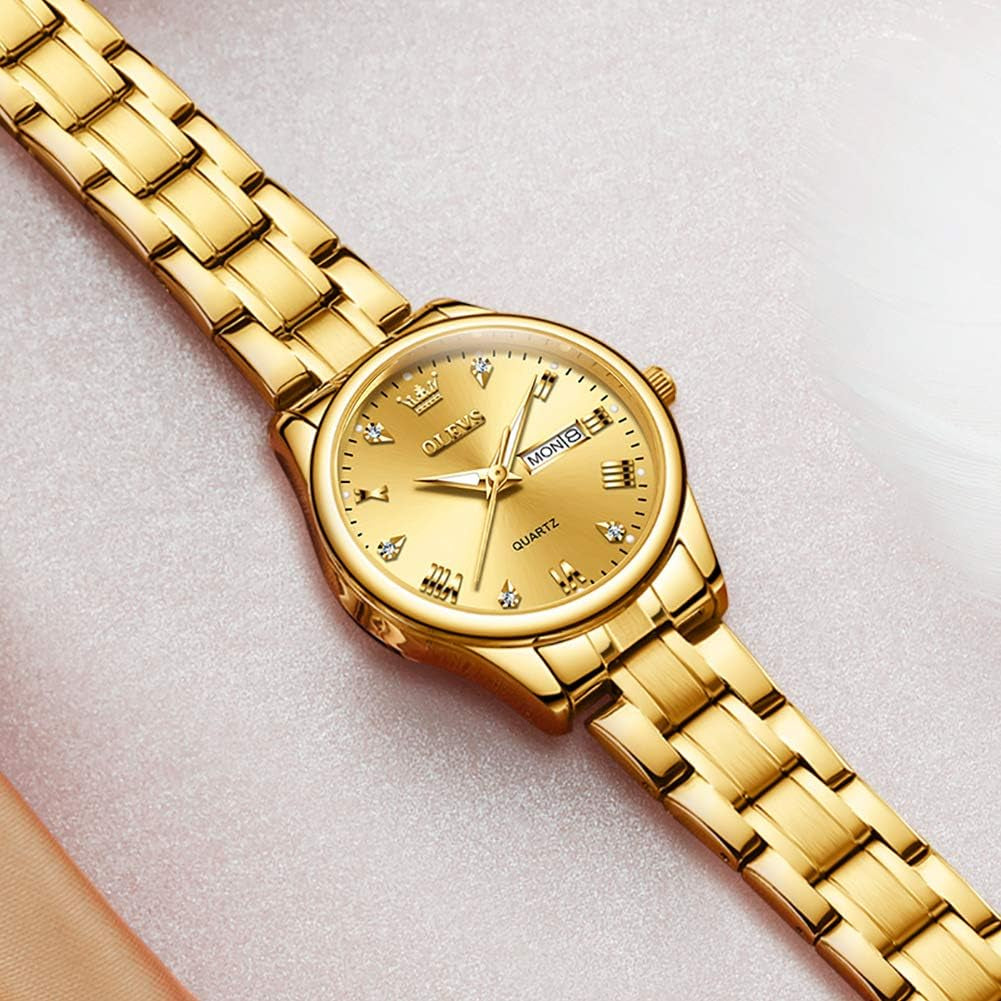 Gold Watches for Women Classic Stainless Steel Waterproof Womens Wrist Watch Small Face Ladies Watches with Day Date Analog Quartz Dress Women'S Watch Casual Gold Silver Black Dial Female Watch