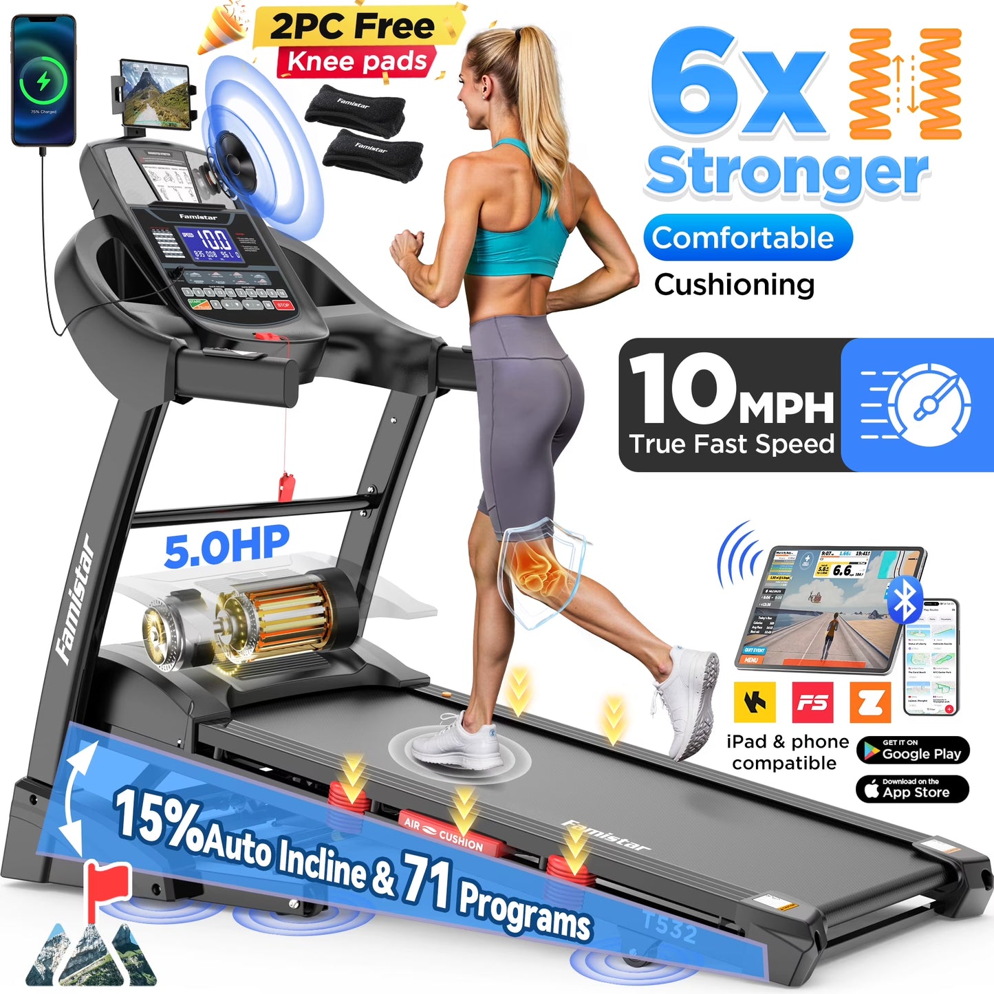 5.0HP Folding Treadmill for Home with 15 Auto Incline, Smart APP, 300Lbs, Hifi Bluetooth Speakers, 64 Programs, 10MPH Speed, Foldable Electric Treadmill Running Machine, Knee Strap Gift