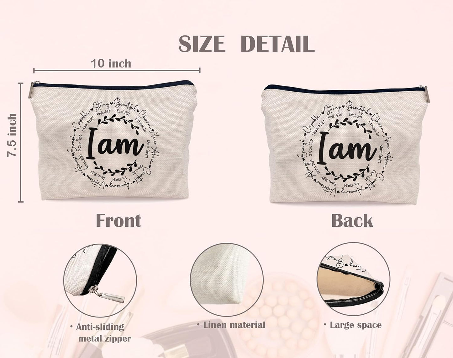 Inspirational Christian I Am Bible Verses Self Affirmations Makeup Bag Cosmetic Bag Zipper Pouch Toiletry Bags,Gifts for Christian Women Girls