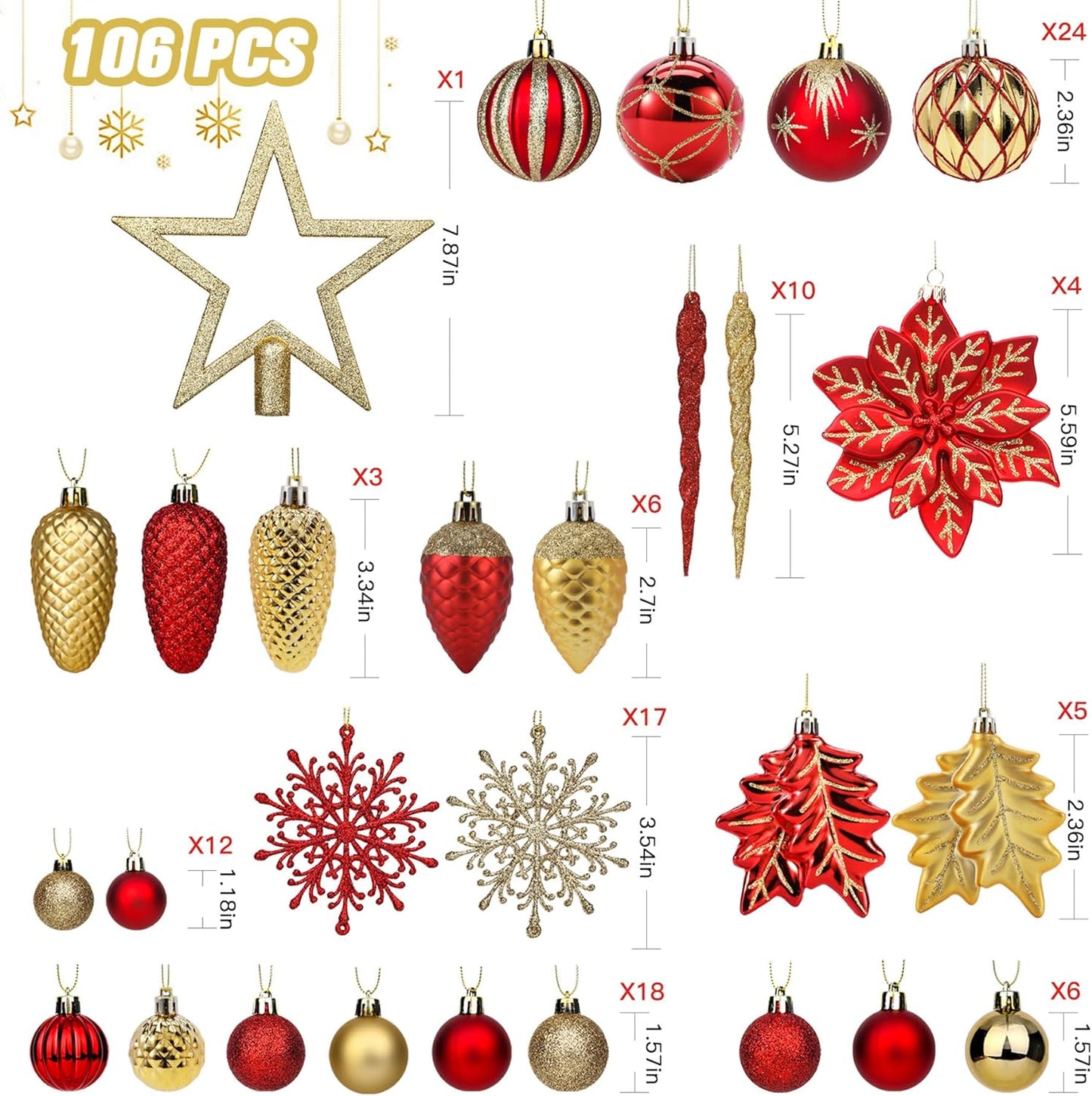 106PCS Shatterproof Christmas Ornaments Set in Red & Gold for Holiday Decor