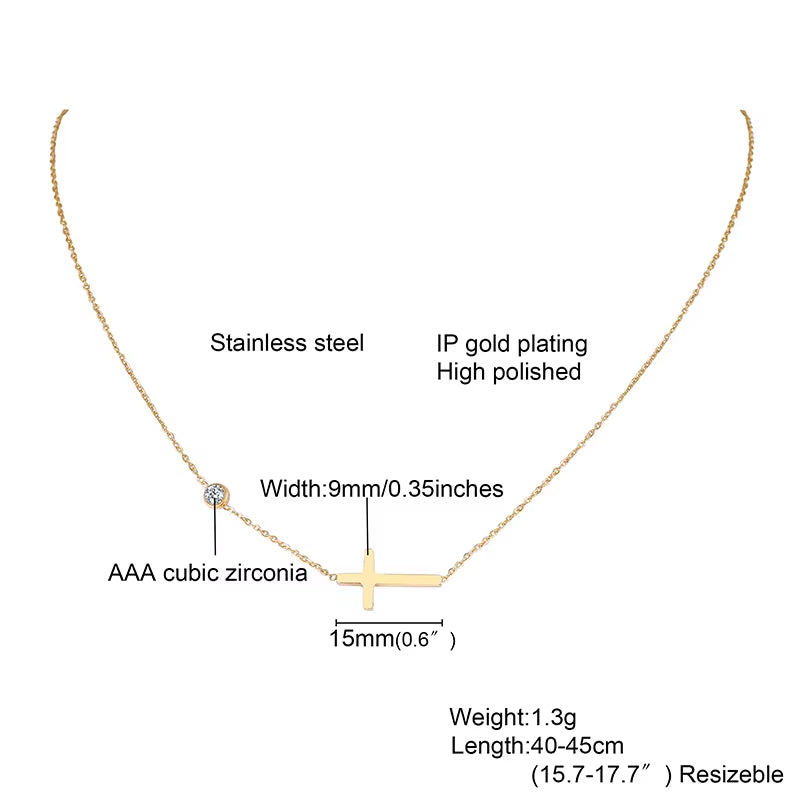 Delicate Petite Sideway Cross Necklaces Pendant Women Stainless Steel Thin Chain Link Christian Jewelry