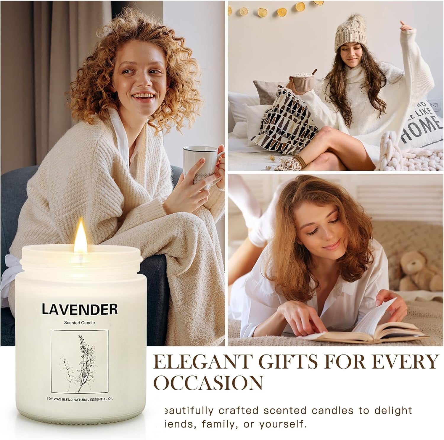 Soy Wax Scented Candle Gift Set, 4 Pack Lavender, Orange & Ginger, Vanilla Scents, Long Lasting Aromatherapy Candles for Home, Relaxing Holiday & Thanksgiving Christmas Gifts for Women, Mom & Friends