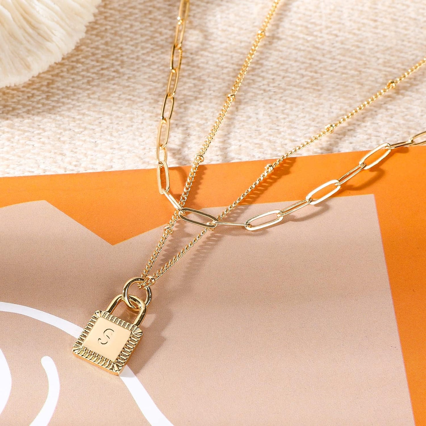 Gold Layered Initial Necklaces for Women 18K Gold Plated Dainty Layered Letter Lock Necklace for Women Gold Padlock Pendant Necklaces Personalized Trendy Jewelry