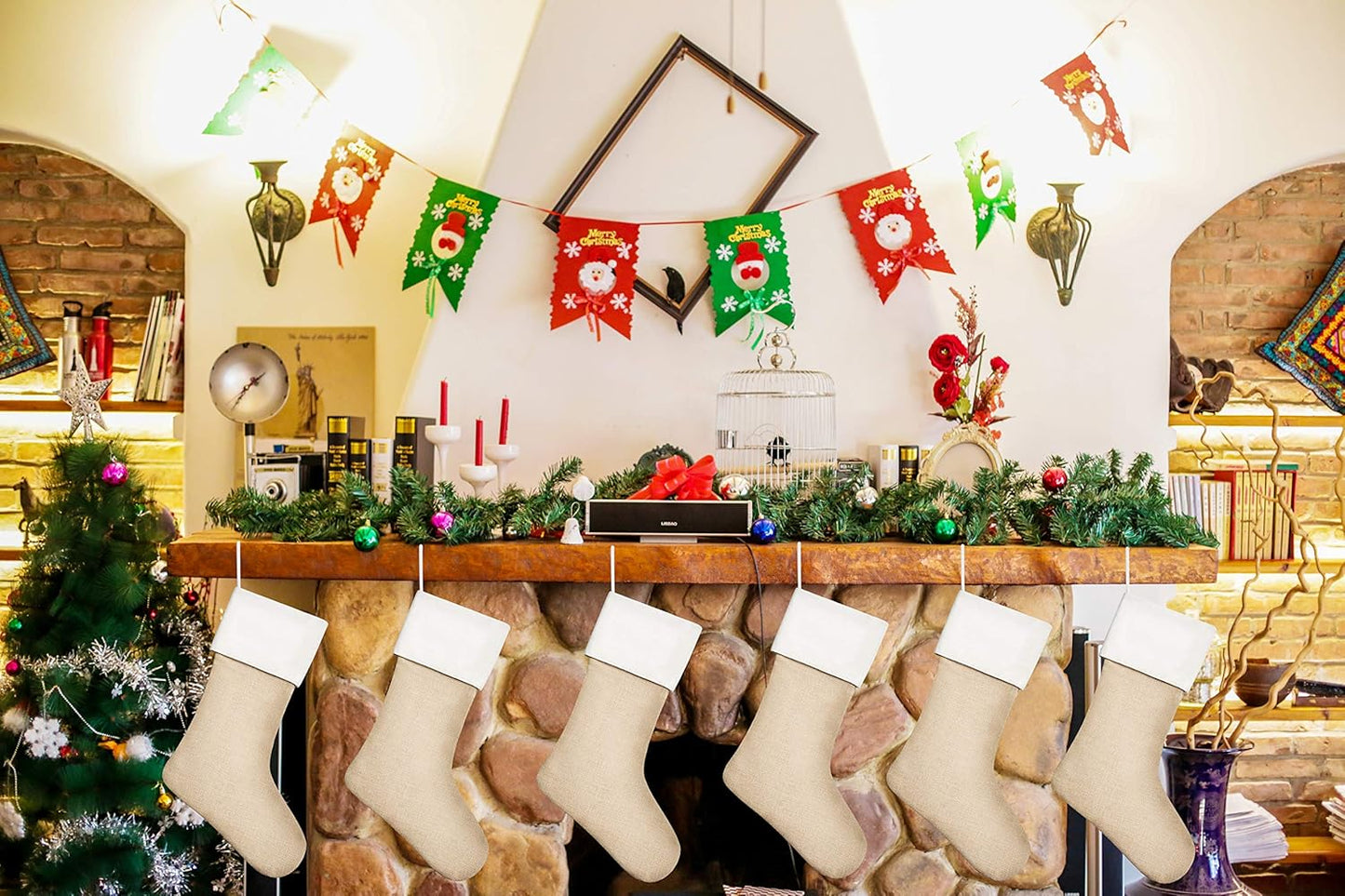 18" Burlap Christmas Stockings Bulk Plain Xmas Neutral Stockings for Fireplace Hanging,Pack 10