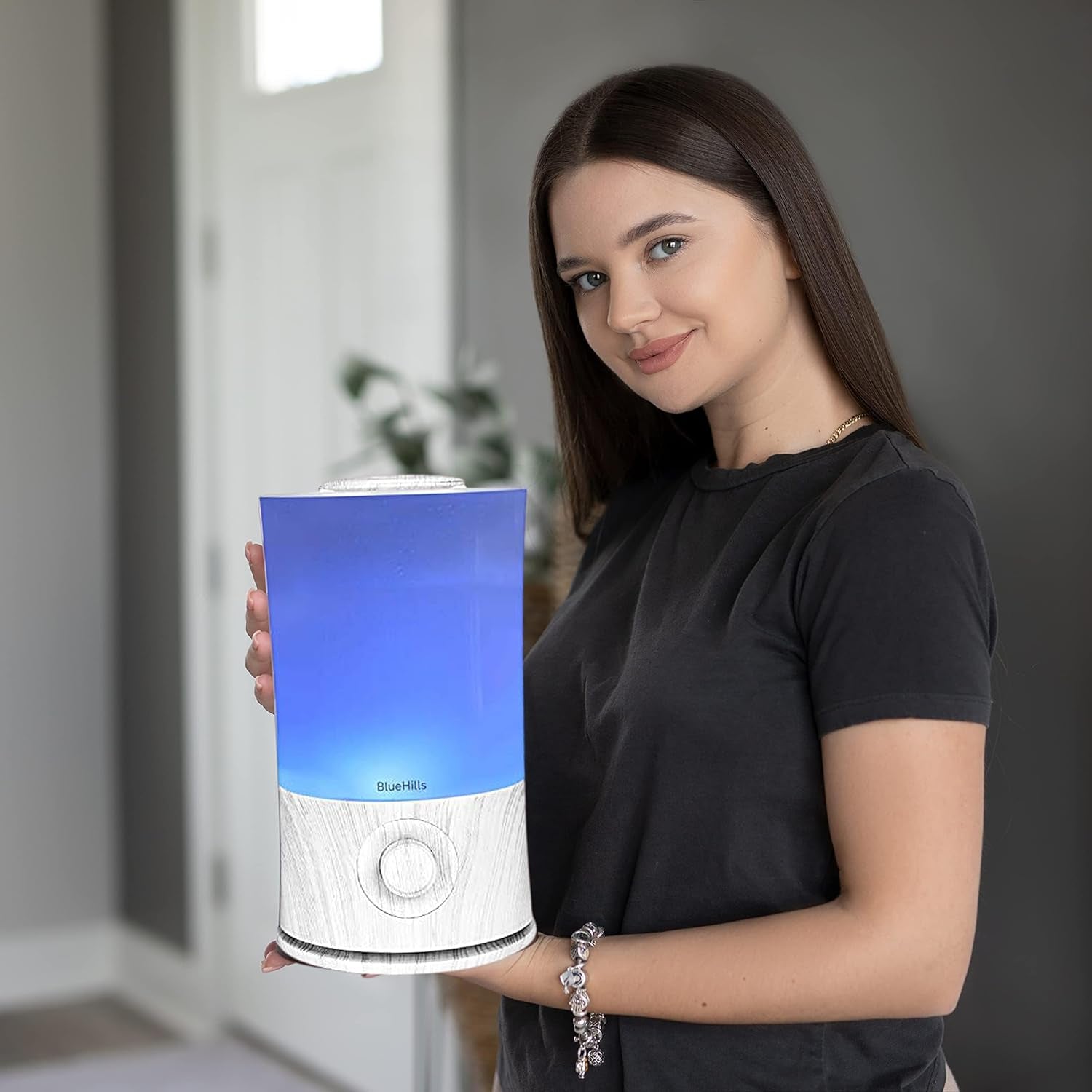 Premium 2000 ML XL Large Essential Oil Diffuser Aromatherapy Humidifier for Large Room Home 40 Hour Run Huge Coverage Area Lights 2 Liter Extra Large Capacity Diffuser White Wood Grain E004