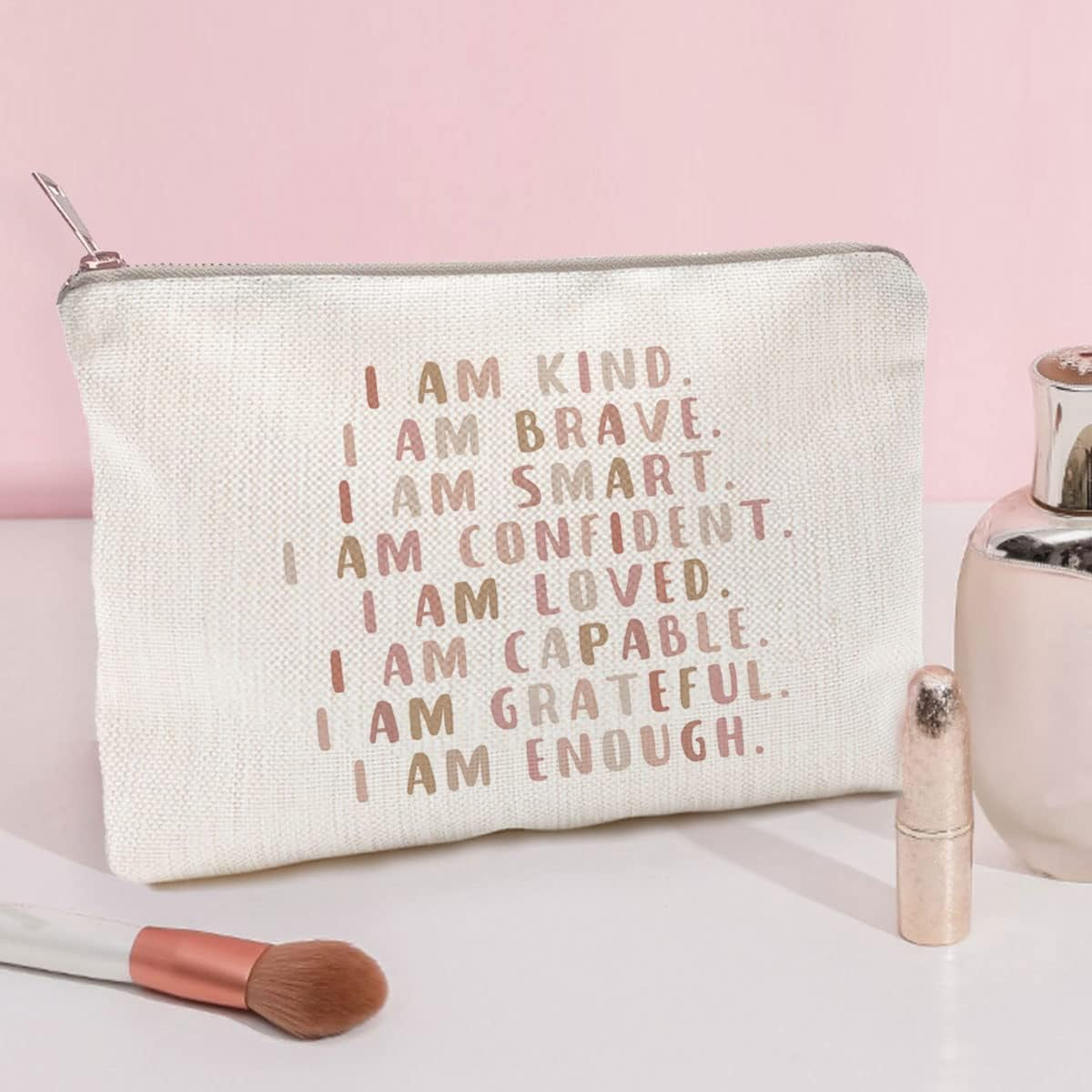 I Am Kind Smart Loved Makeup Case, Affirmations Makeup Bag for Girls, Women Pouch, Cute Affirmations Bag Gifts, Zip Pouch, Makeup Bag
