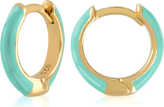 14K Gold Plated Sterling Silver Enamel Color Huggie Hoop Earrings for Women – Wide Range of Vibrant Color Options Available