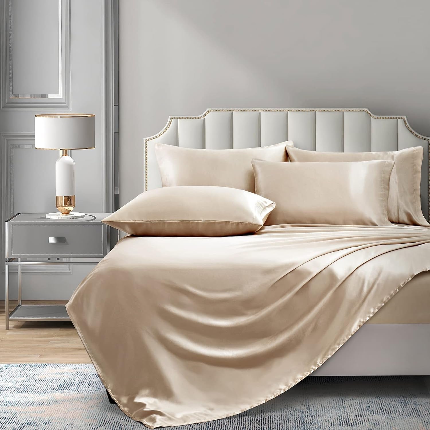 Satin Sheets Full (6 Pieces, Taupe) - Luxury Silky Satin Bed Sheets Full Bedding Set, Extra Soft Satin Sheet Set, 1 Satin Fitted Sheet + 1 Flat Sheet + 4 Pillow Cases