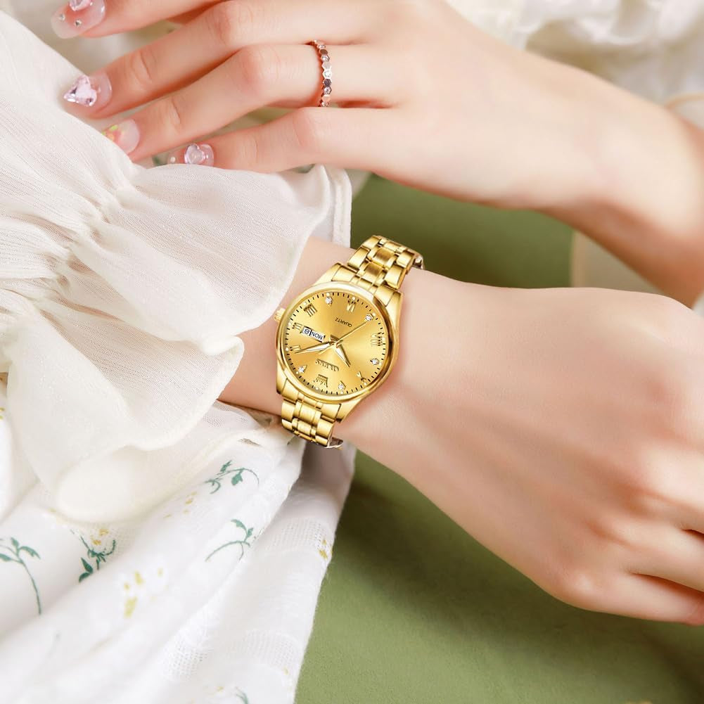 Gold Watches for Women Classic Stainless Steel Waterproof Womens Wrist Watch Small Face Ladies Watches with Day Date Analog Quartz Dress Women'S Watch Casual Gold Silver Black Dial Female Watch