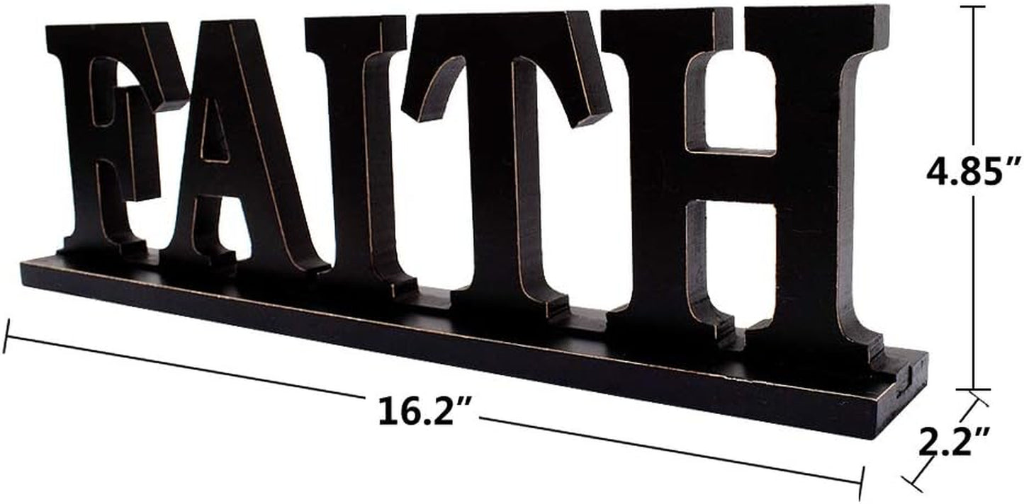 Rustic Wooden Faith Sign for Home Decor - Freestanding Tabletop Decor, 16.2" X 4.85" Black Faith Block Letters