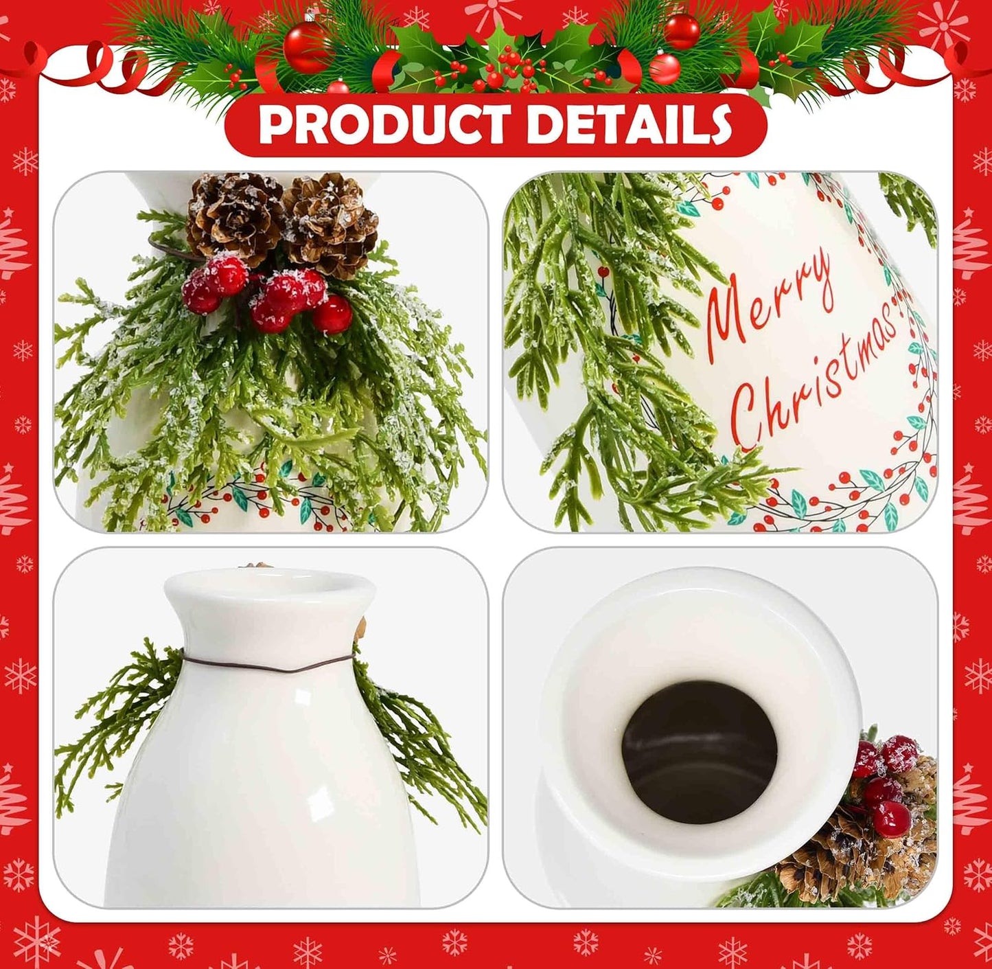 Set of 3 White Ceramic Christmas Vases with Artificial Holiday Decor