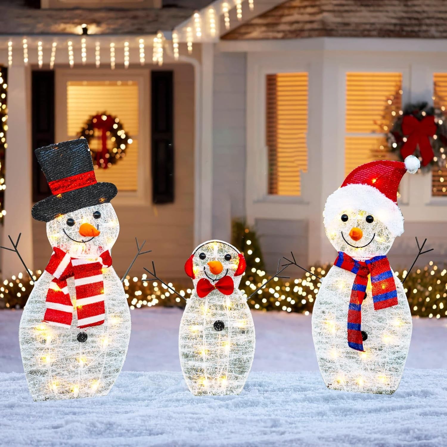 Large 3-Piece Lighted Snowman Family Decoration for Outdoor Holiday Decor