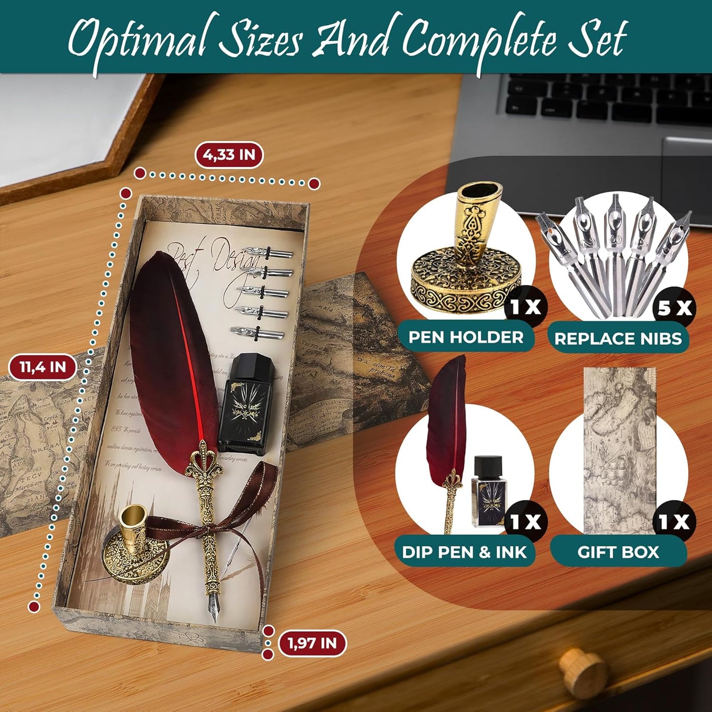 Feather Quill Pen and Ink Set - Calligraphy Dip Pen Antique Feather Pen Set