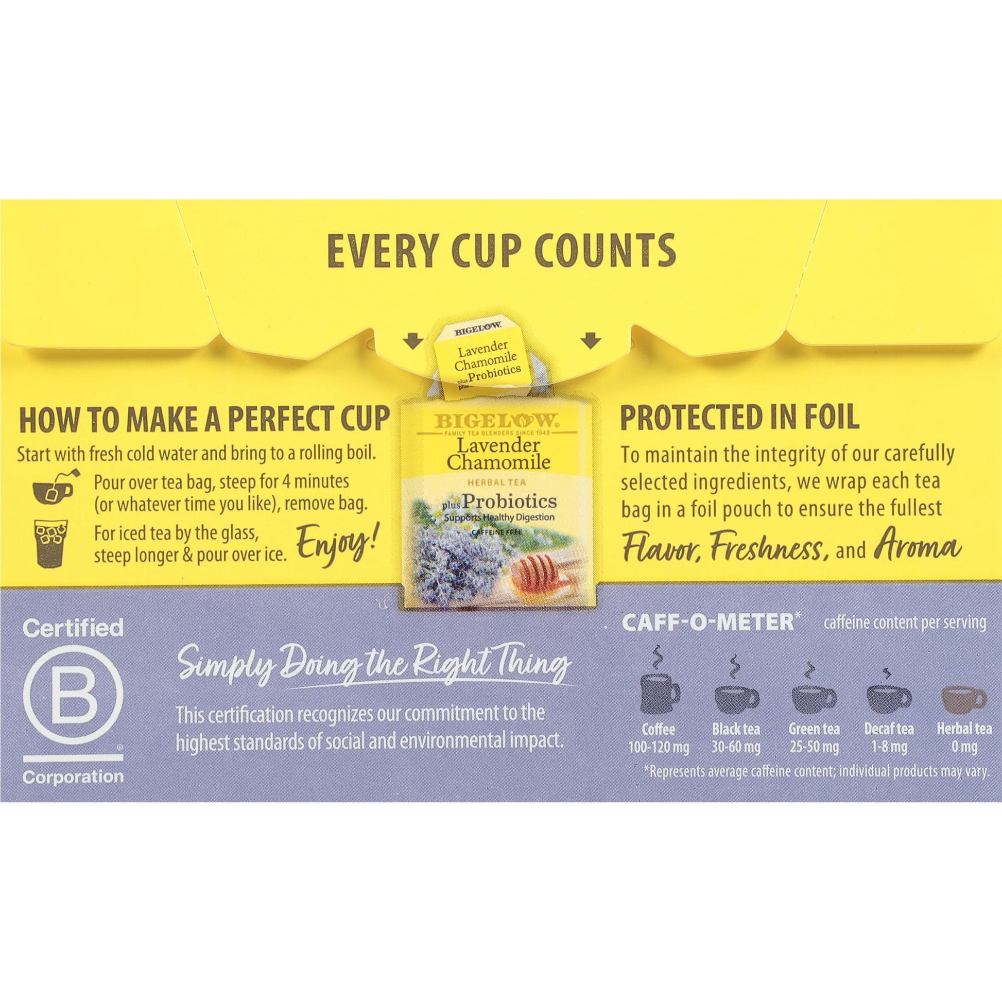 Bigelow Lavender Chamomile plus Probiotics, Caffeine Free, Herbal Tea Bags, 18 Count