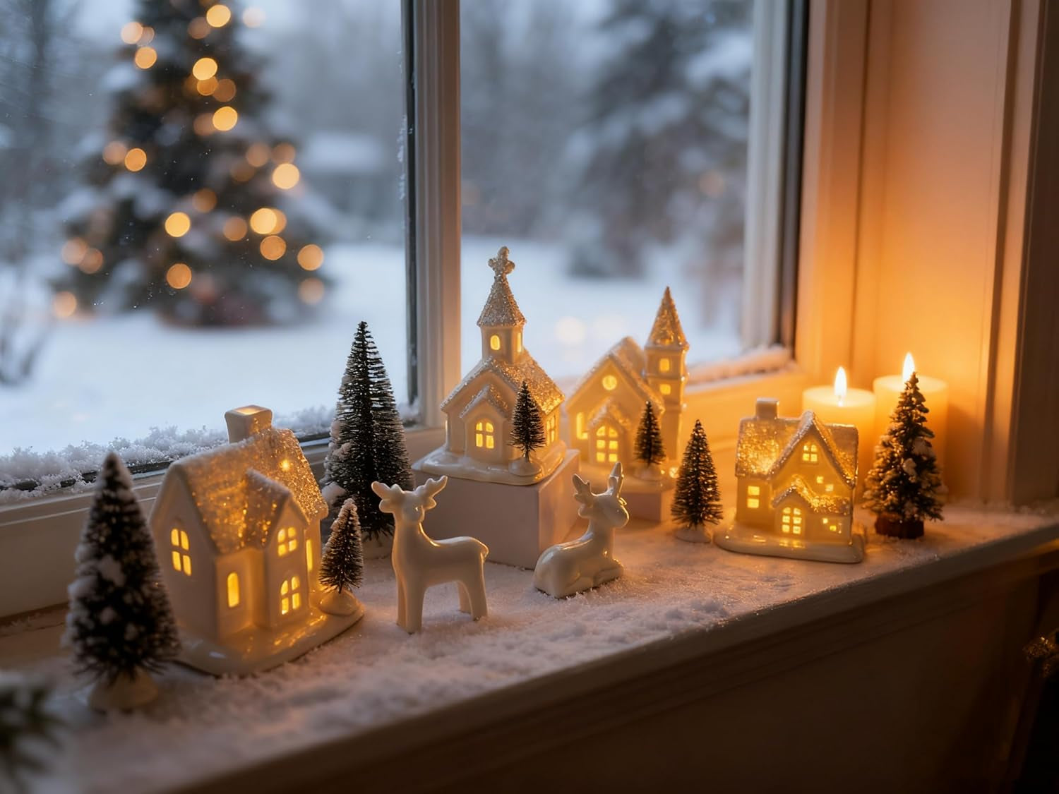 Ceramic Christmas Village Set - 13-Piece Holiday Decor with Trees & Deer