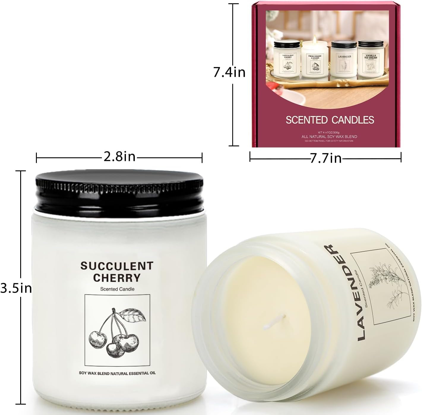 Soy Wax Scented Candle Gift Set, 4 Pack Lavender, Orange & Ginger, Vanilla Scents, Long Lasting Aromatherapy Candles for Home, Relaxing Holiday & Thanksgiving Christmas Gifts for Women, Mom & Friends