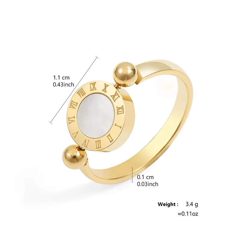 Rotated Fashion Titanium Stainless Steel Roman Numeral Ring for Women Men Black and White Color Shell Finger Jewelry