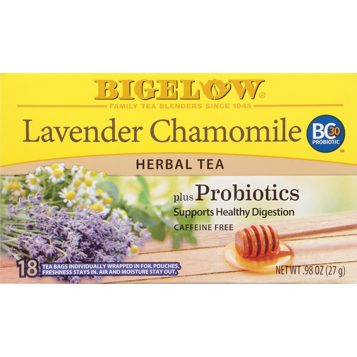 Bigelow Lavender Chamomile plus Probiotics, Caffeine Free, Herbal Tea Bags, 18 Count