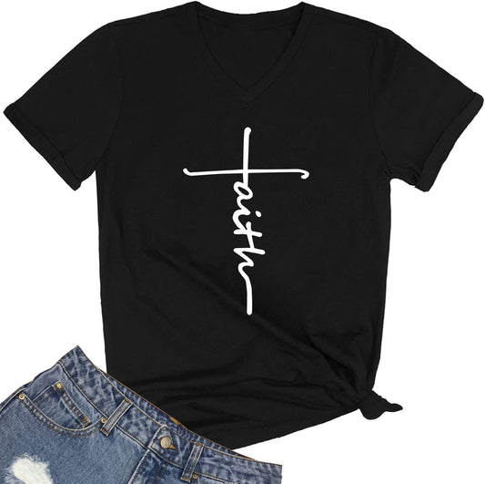 Women Faith Graphic V-Neck Cute Tee Shirts Tops