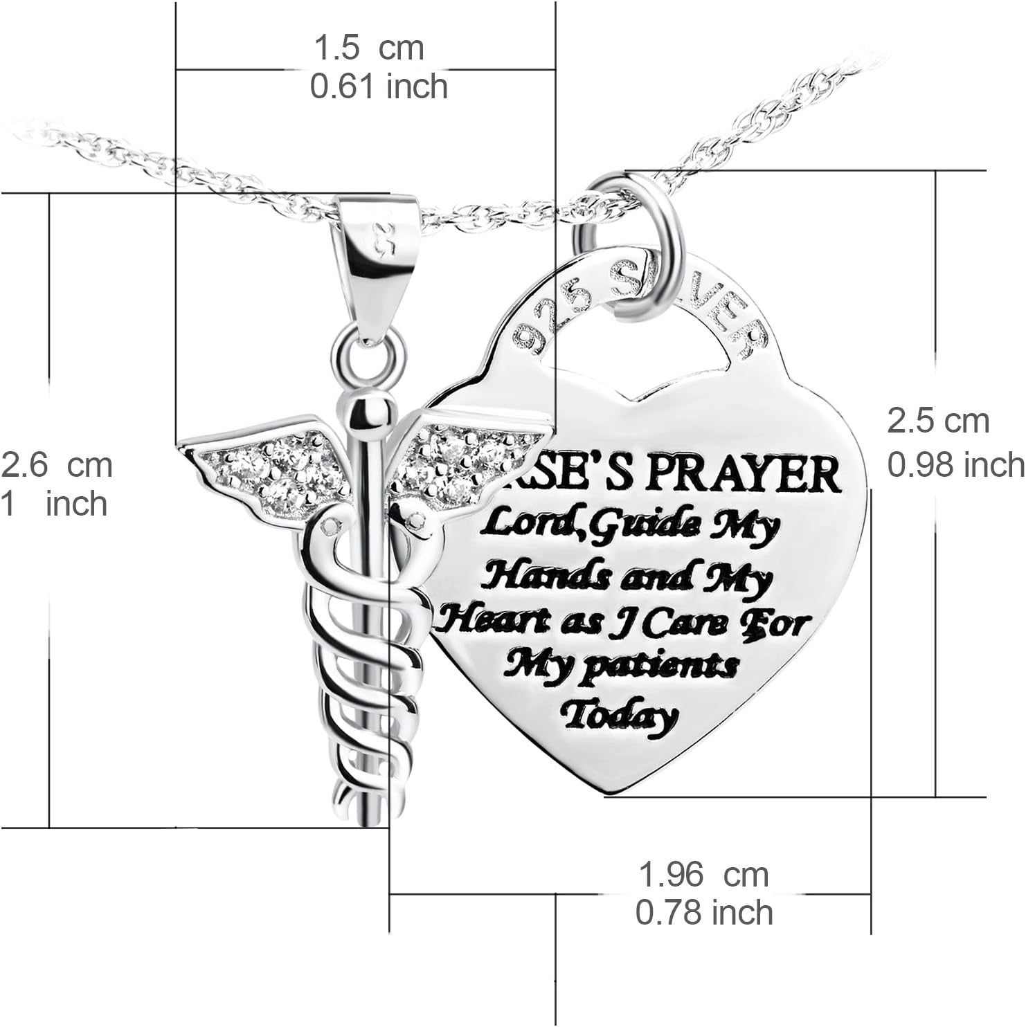 925 Sterling Silver Caduceus Angel Nursing Themed Pendant Necklace 18"