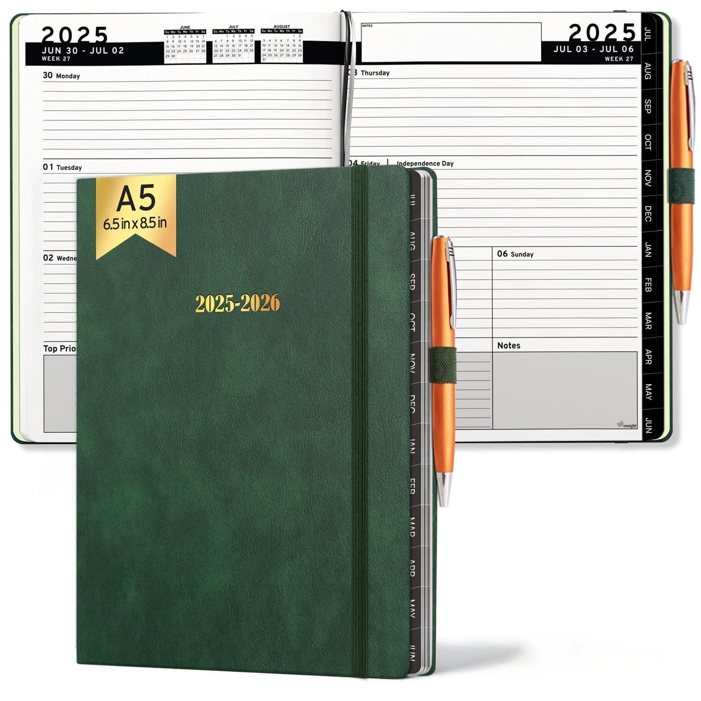 2025 2026 HARDCOVER Leather Planner Weekly & Monthly 6.5 * 8.5 Inches Academic Planner Business Personal or Student Pen Holder Thick Paper July 2025 June 2026 (Dark Green)