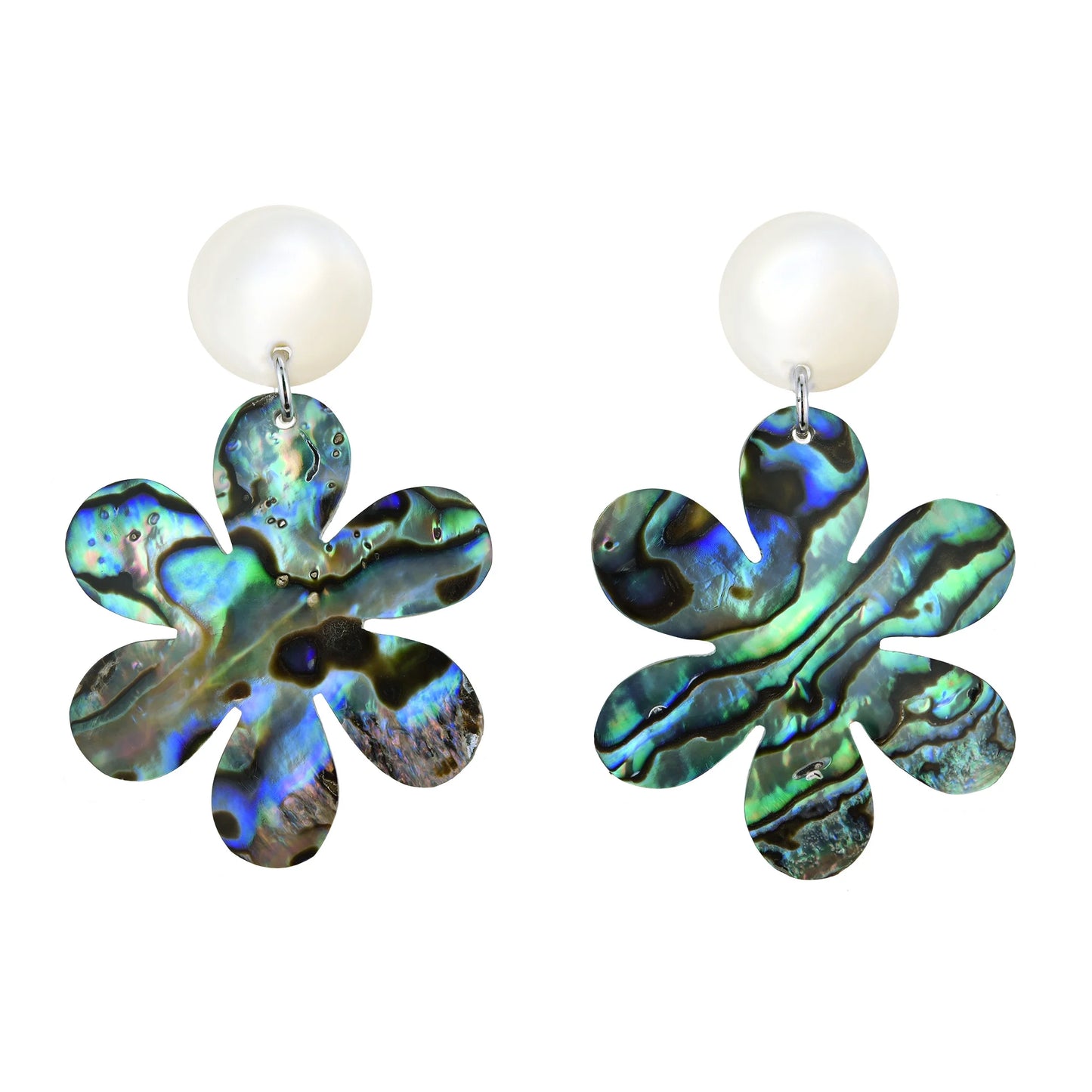 Elegance Abalone Shell Flower on White Circle Post Drop Dangle Earrings