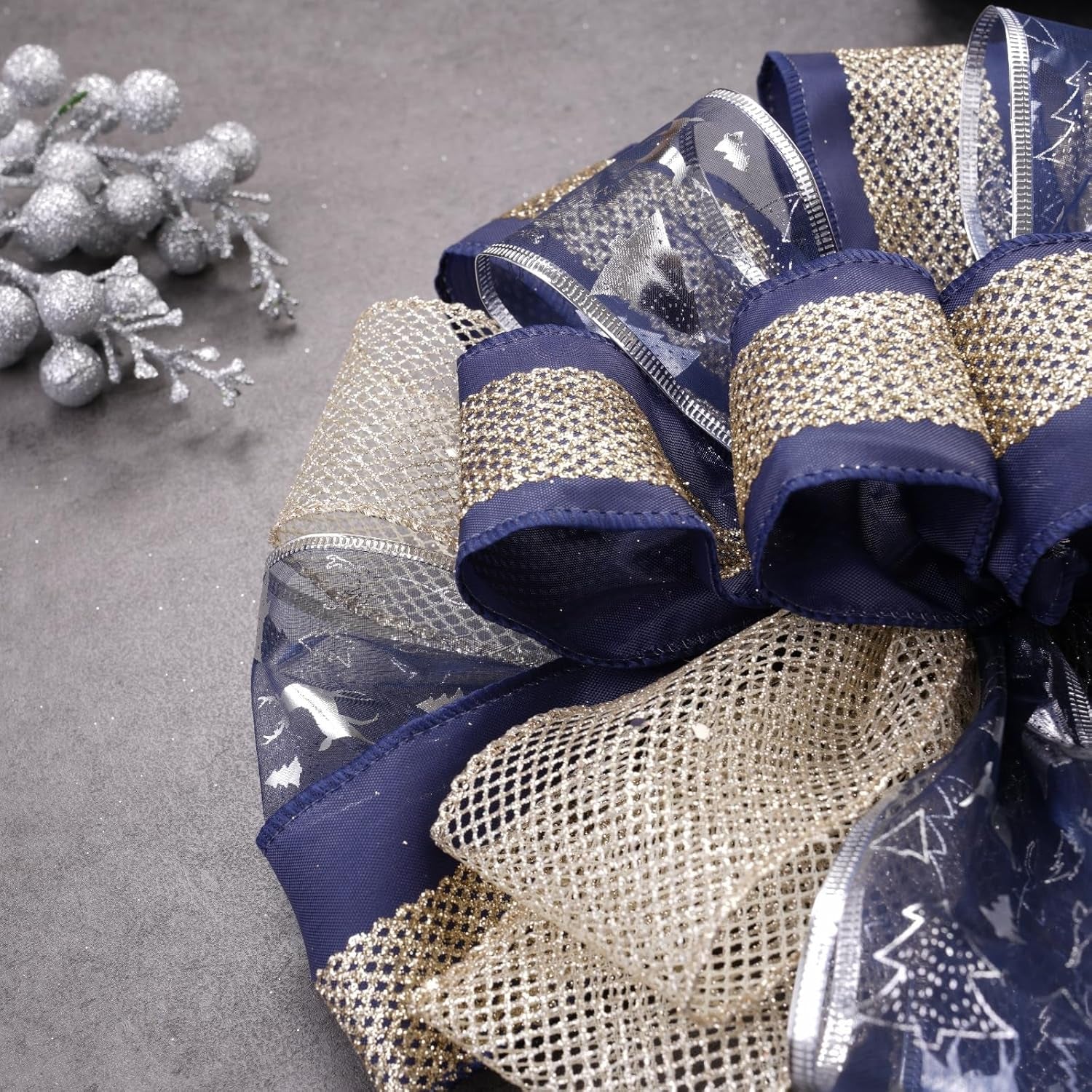 Christmas Tree Topper Bow,Christmas Ornament with Glitter Satin Mesh Streamer,For Your Christmas Decor(Circle Tree Topper, Blue)