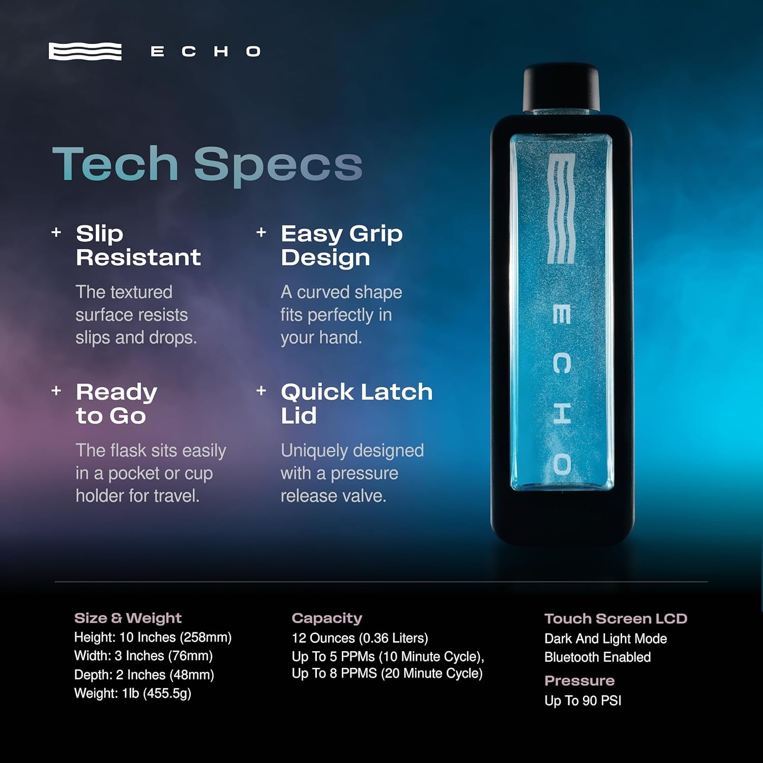 Echo Flask Hydrogen Water Bottle - Active Hydration Solution with Water Intake Tracking & LCD Touch Screen - Compact & Convenient - Transparent Hydrogen Flask - 12 Oz