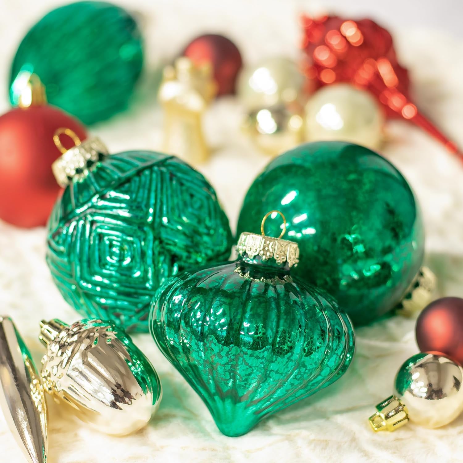 Set of 8 Green Mercury Glass Christmas Ornaments for Holiday Decor