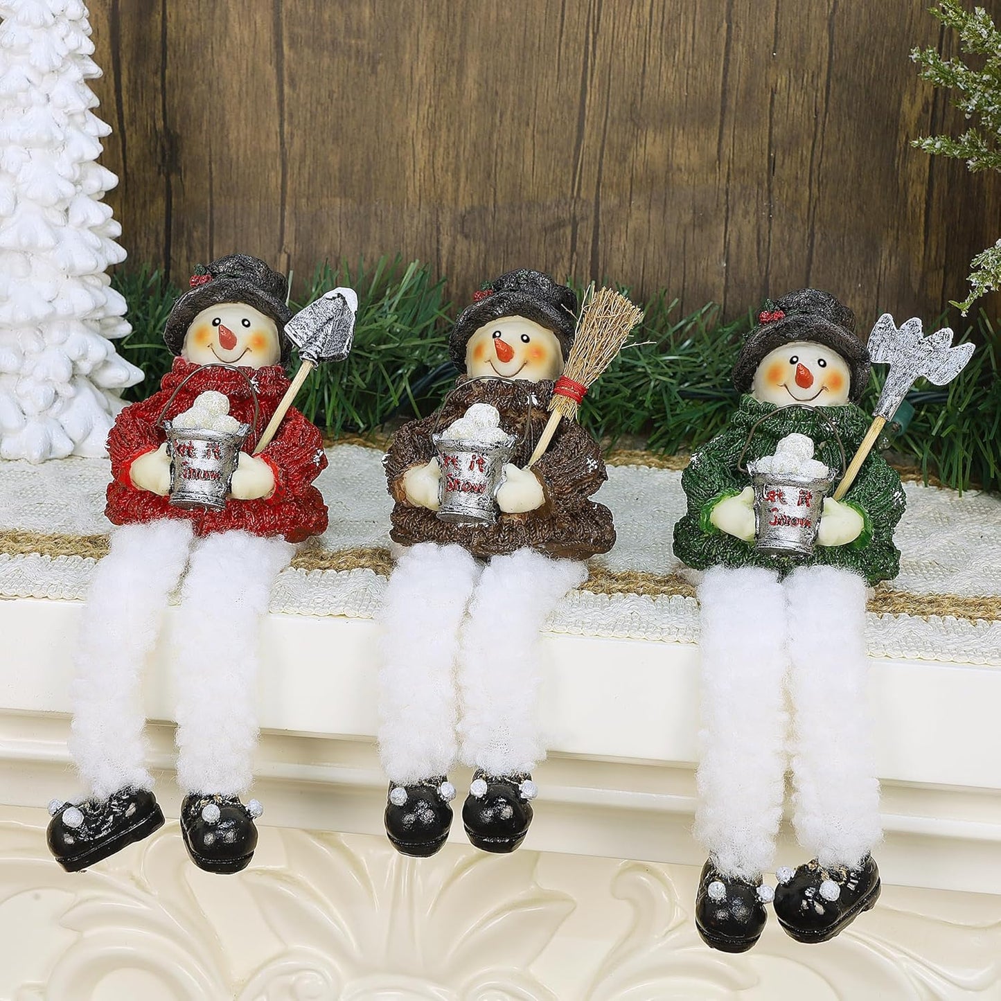 Resin Snowman Shelf Sitters with Plush Legs - 3 Pack Holiday Decor