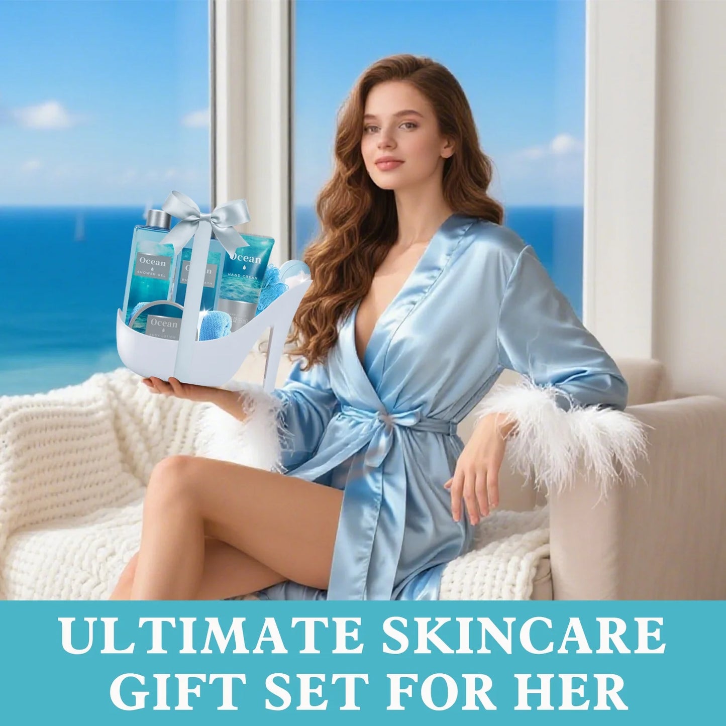 Baskets Gift Sets for Women - Ocean Luxury Relaxing Bath and Body Set for Her, 8 Pcs