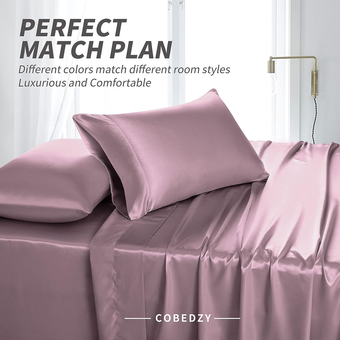 Satin Sheets Queen Size, 4 Pcs Silky Soft Satin Bed Sheets Queen Set with Deep Pockets, Extra Smooth & Luxurious Microfiber Sheet for Hair and Skin(Purple)