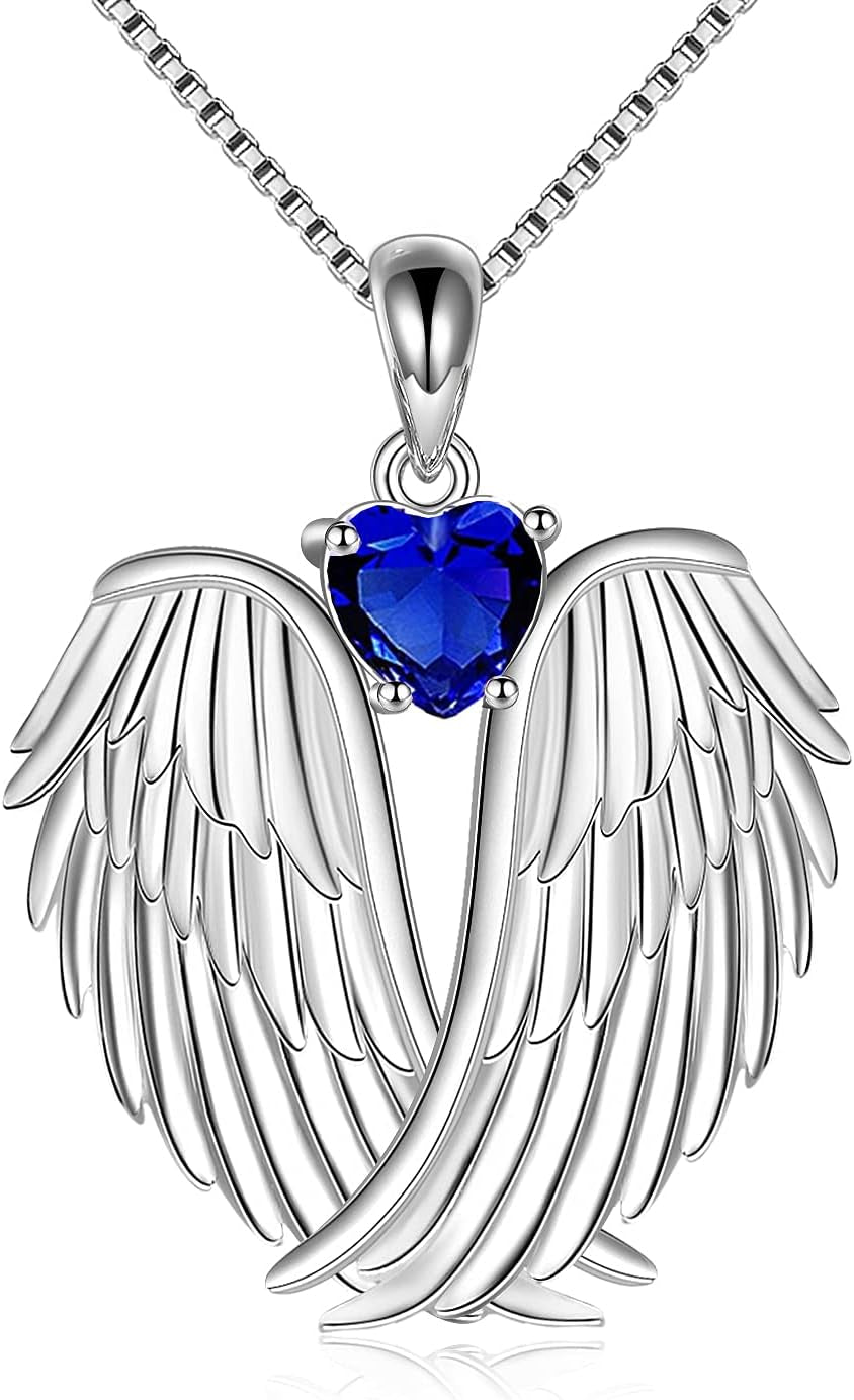 Angel Wings Necklace 925 Sterling Silver Guardian Angel Wings Pendant Necklace Birthstone Necklace for Women Girls Christmas Jewelry Gifts