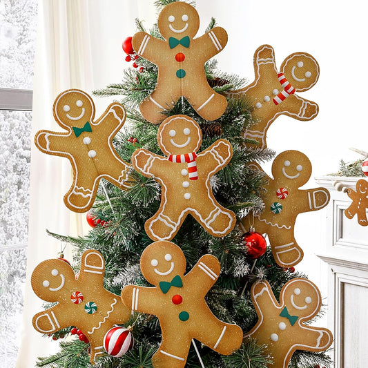 Large Gingerbread Man Tree Picks - 8Pcs Rustic Ornaments for Holiday Decor